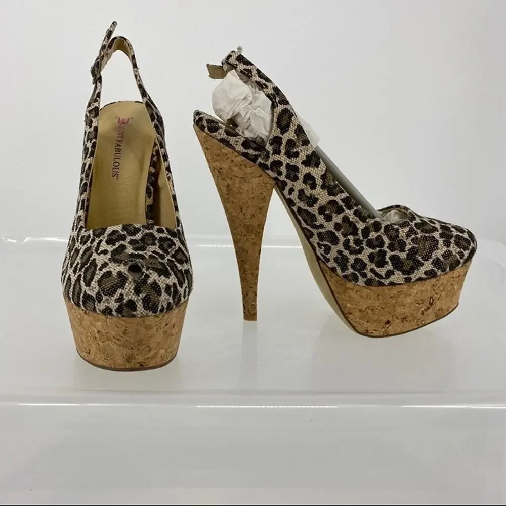 JustFab cheetah metallic cork sling back heels gold brown black buckle size 7.5